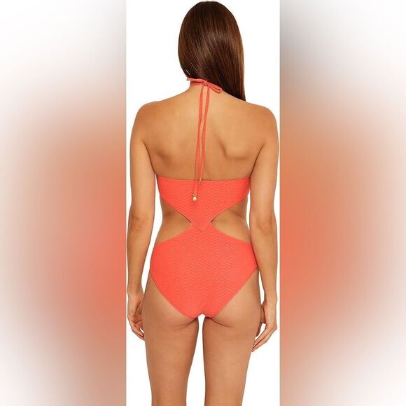NWT-Trina Turk-Peach & gold- High Neck One Piece Swimsuit- side cut outs-Size 12 - Picture 2 of 16